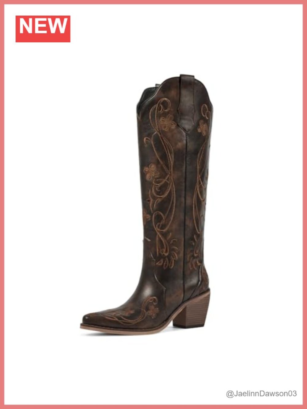 Women's Knee High Cowboy Boots Faux Leather Floral Embroidered Pointed Toe